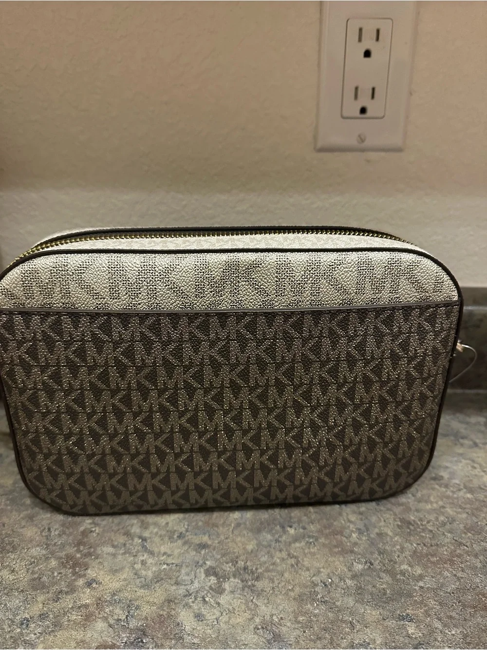 Michael Kors Brown MK Signature Crossbody with Gold Chain Accent